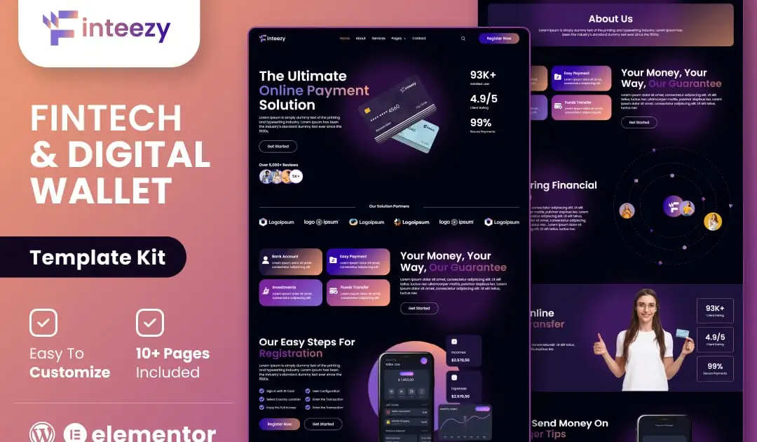 Finteezy – Fintech Startup & Digital Wallet Elementor Template Kit