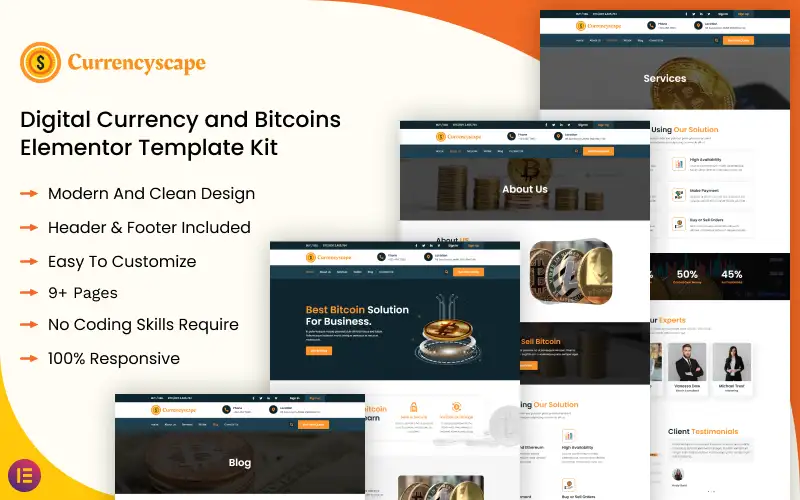 Currencyscape – Digital Currency and Bitcoins Elementor Template Kit Elementor Kit