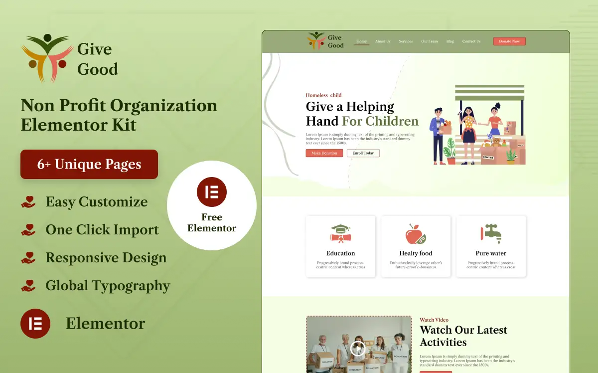 Give Good Non Profit Organization WordPress Website Elementor Kit