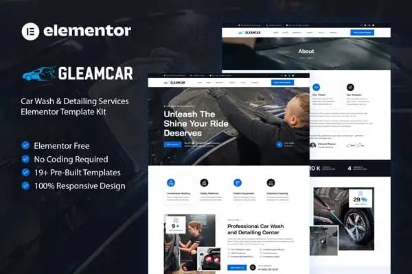 Gleamcar – Car Wash & Detailing Service Elementor Template Kit