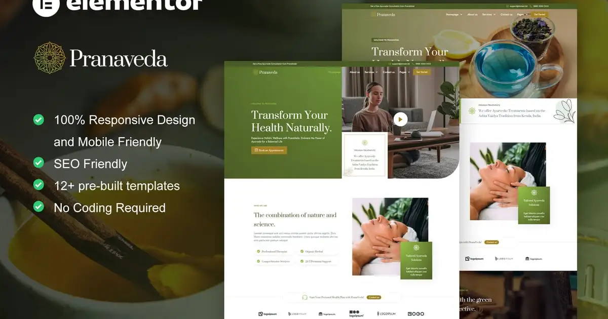 PranaVeda – Ayurveda Treatment & Spa Elementor Pro Template Kit