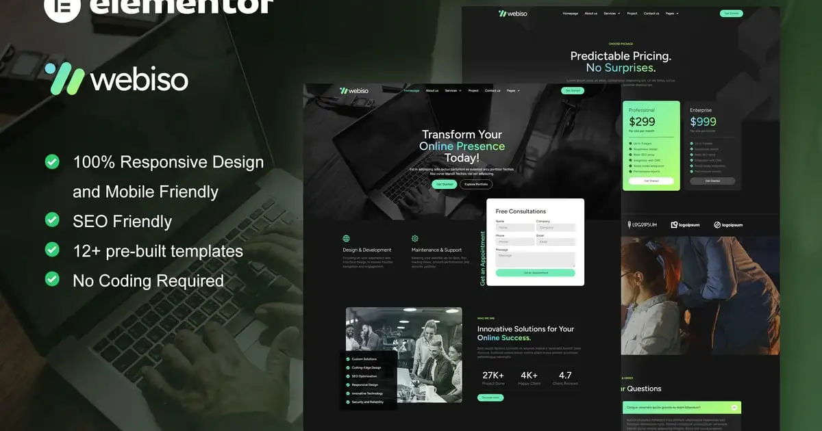 Webiso – Dark Digital Agency Elementor Template Kit