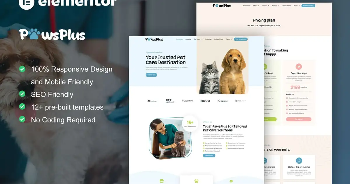 PawsPlus – Pet Care & Veterinary Elementor Template Kit