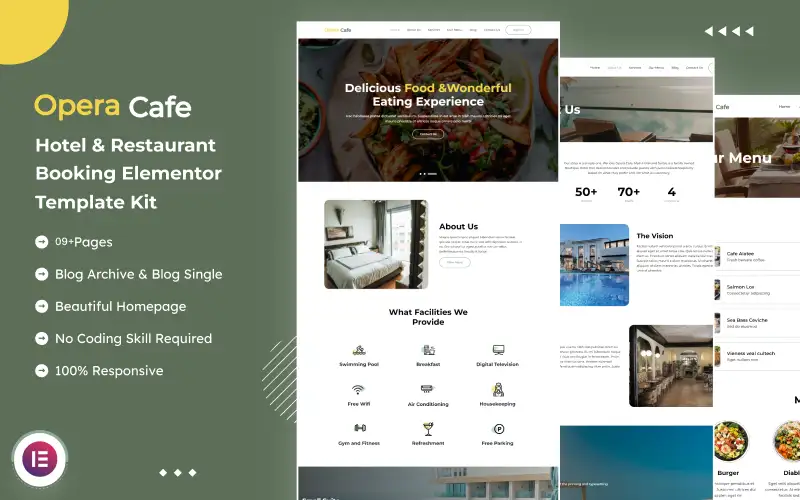OperaCafe – Hotel and Restaurant Booking Elementor Template Kit Elementor Kit