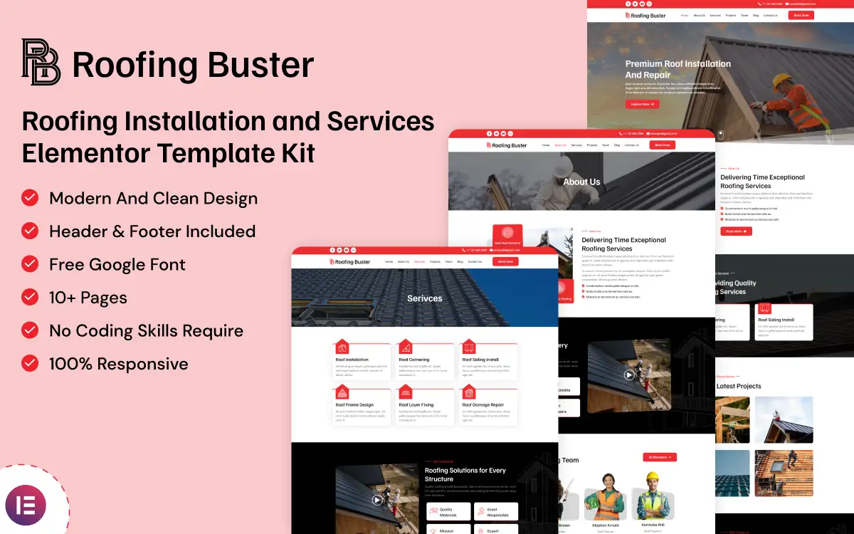 Roofing Buster – Roof Installation and Services Elementor Template Kit Elementor Kit
