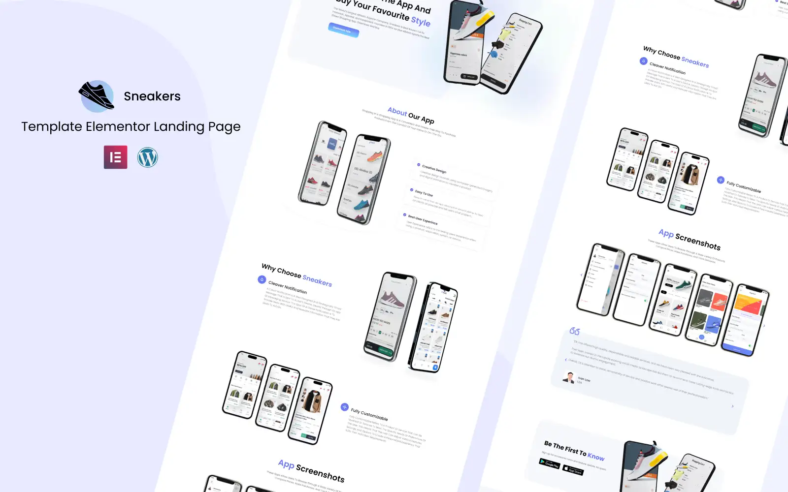 Sneakers App – App landing page Elementor Landing page Template Elementor Kit