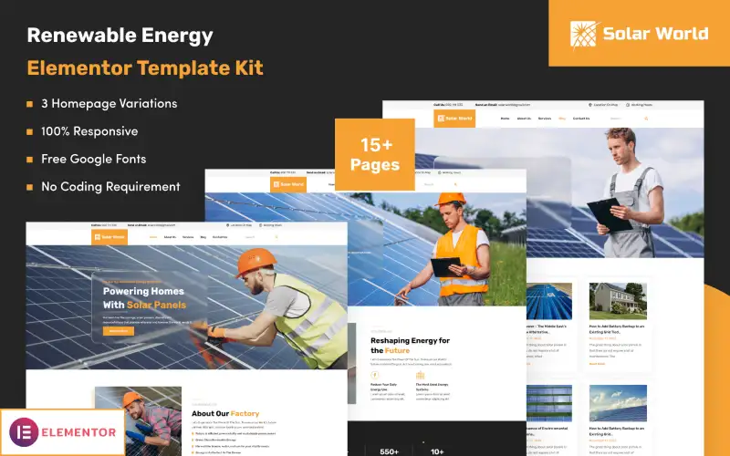 Solar World – Renewable Green Energy Elementor Template Kit Elementor Kit