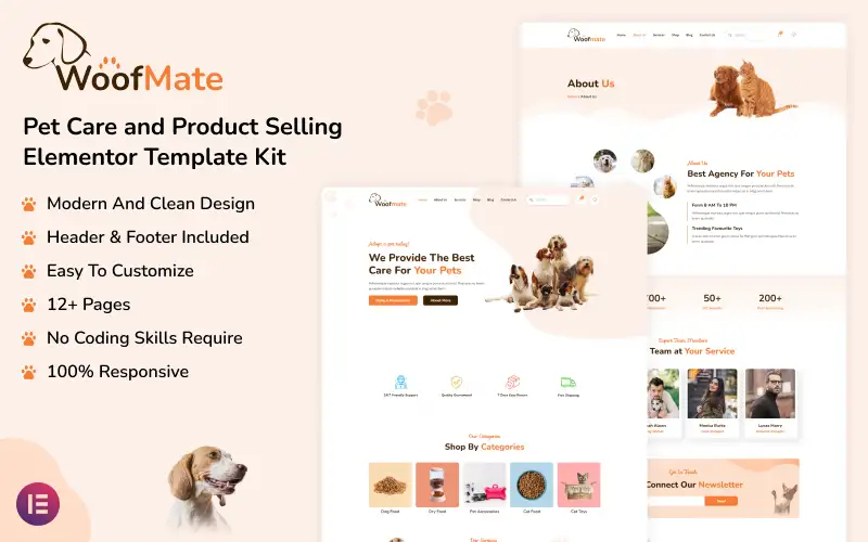 WoofMate – Pet Care and Product Selling Elementor Template Kit Elementor Kit